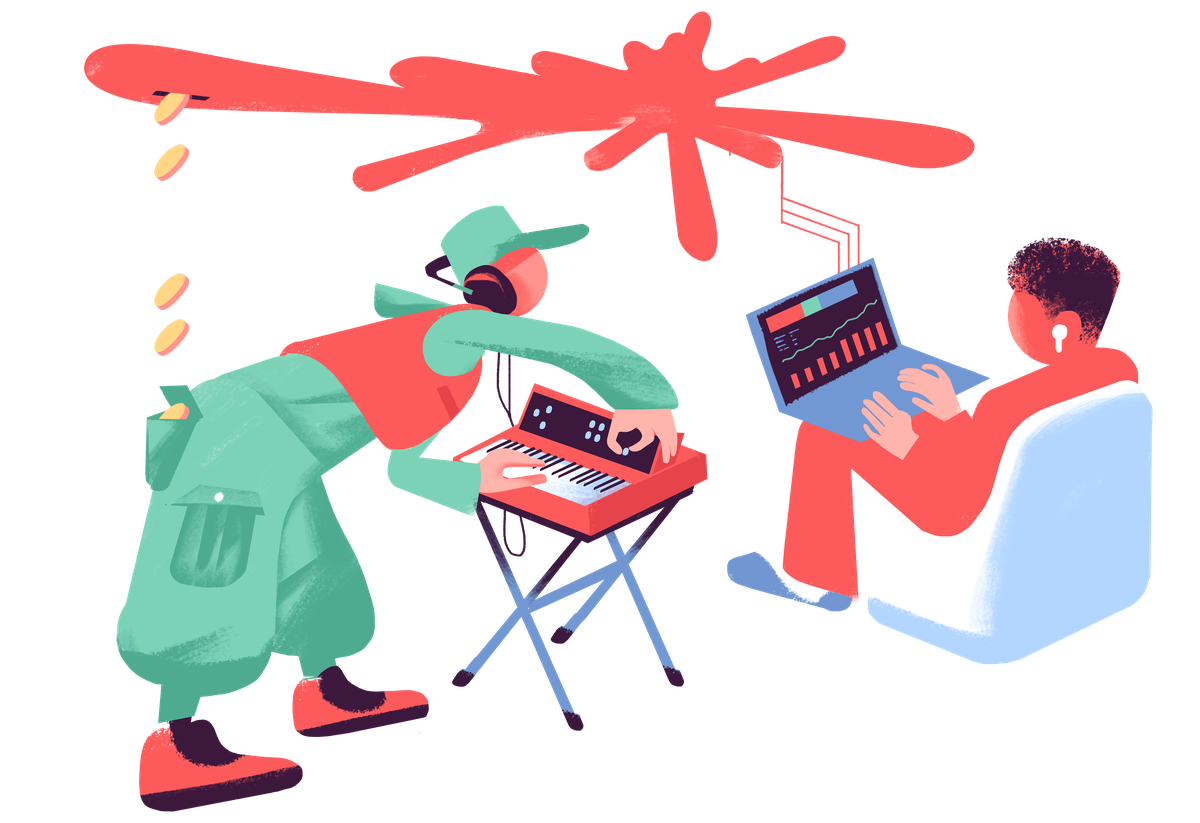An illustration of two figures collaborating: on the left a musician in green overalls plays a synthesizer; on the right a developer in red trousers works on a laptop. A coral-coloured burst spans the top of the image, with coins falling from it down toward the musician.