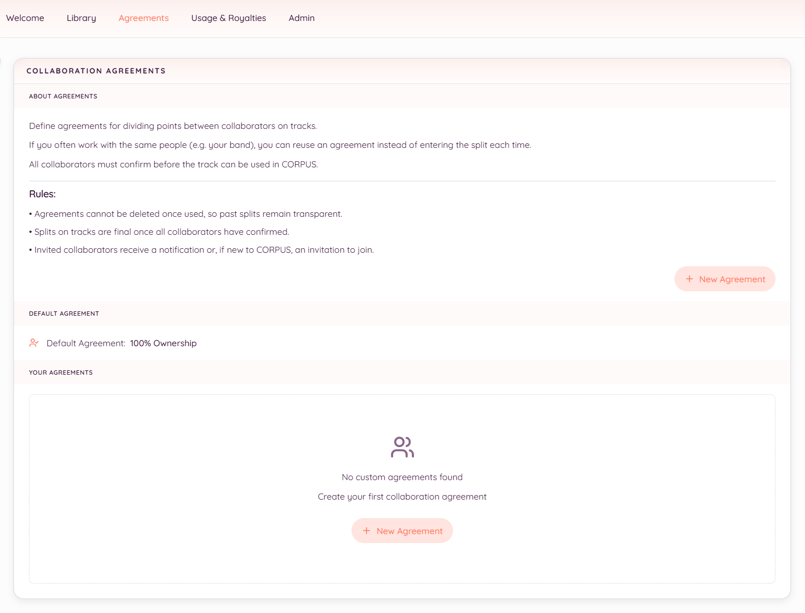 The Agreements page in the contributor app. It shows an About panel explaining the rules, a Default Agreement set to 100% Ownership, and an empty Your Agreements list with a button to create a new agreement.