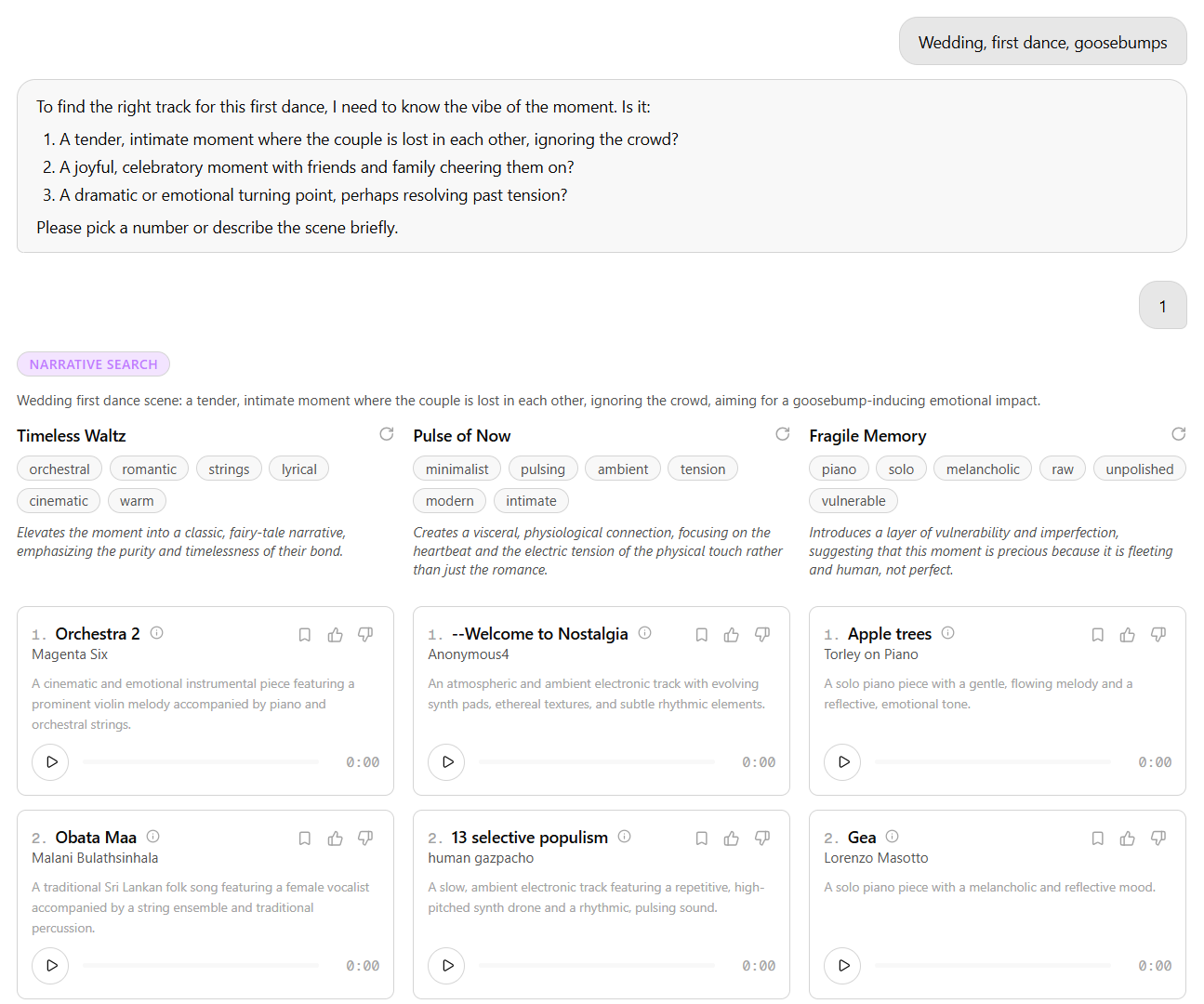 The CORPUS chat interface in Narrative Search mode. The user has typed 'Wedding, first dance, goosebumps'. The system has asked a clarifying question with three options for what kind of moment this is; the user picked option 1 (a tender, intimate moment). The system then returns three columns labelled 'Timeless Waltz', 'Pulse of Now', and 'Fragile Memory' — each with its own keyword set (orchestral/romantic/strings vs. minimalist/pulsing/ambient vs. piano/solo/melancholic), a one-sentence 'what it adds' description, and matching tracks from the corpus under each direction.