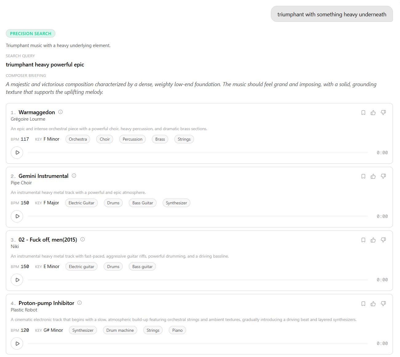 The CORPUS chat interface in Precision Search mode. The user has typed 'triumphant with something heavy underneath'. The system shows the resolved search query 'triumphant heavy powerful epic', a short composer briefing describing the kind of music being looked for, and a ranked list of matching tracks (Warmaggedon, Gemini Instrumental, two more below) each with BPM, key, and instrument tags.