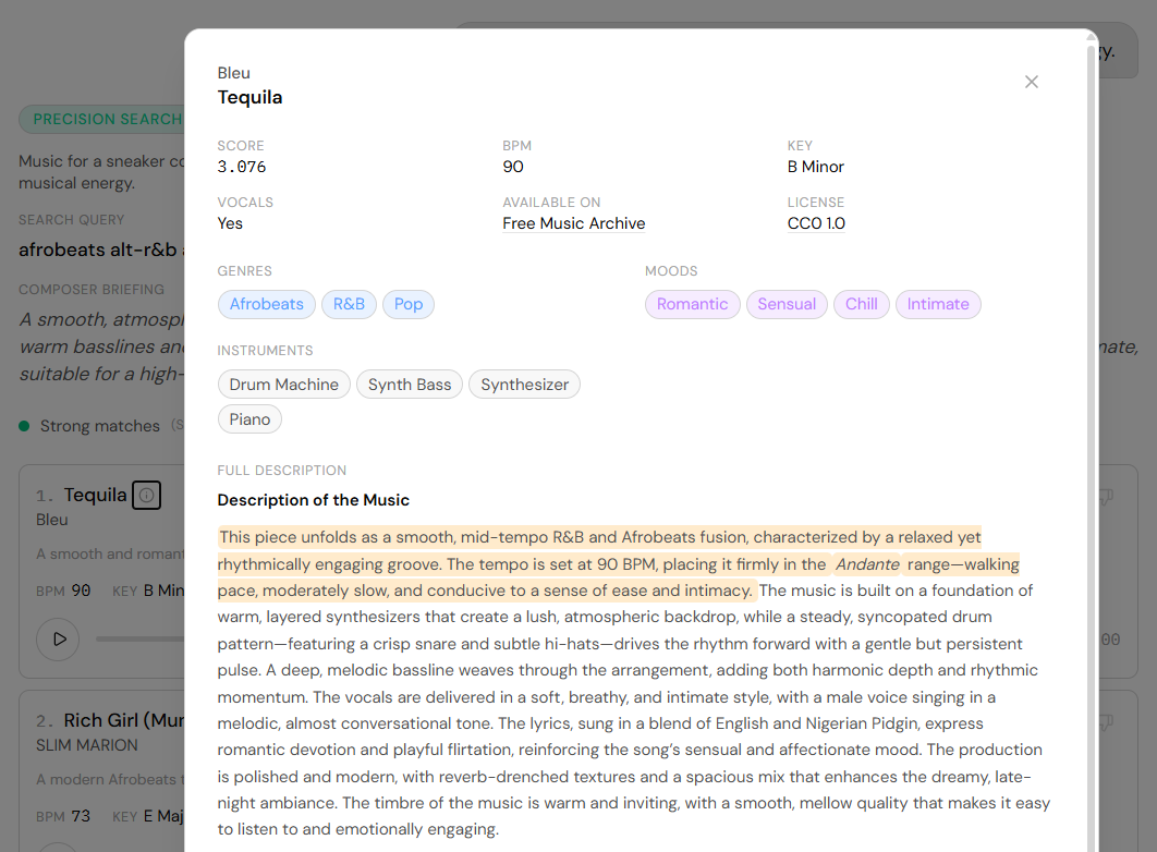 A track info panel for 'Tequila' by Bleu: score 3.076, 90 BPM, B minor, vocals yes, available on Free Music Archive under CC0 1.0, with genre, mood, and instrument tags, and the full written description. A yellow highlight runs across the opening sentences of the description ('a smooth, mid-tempo R&B and Afrobeats fusion… walking pace, moderately slow, and conducive to a sense of ease and intimacy'), marking the passage that matched the query semantically.