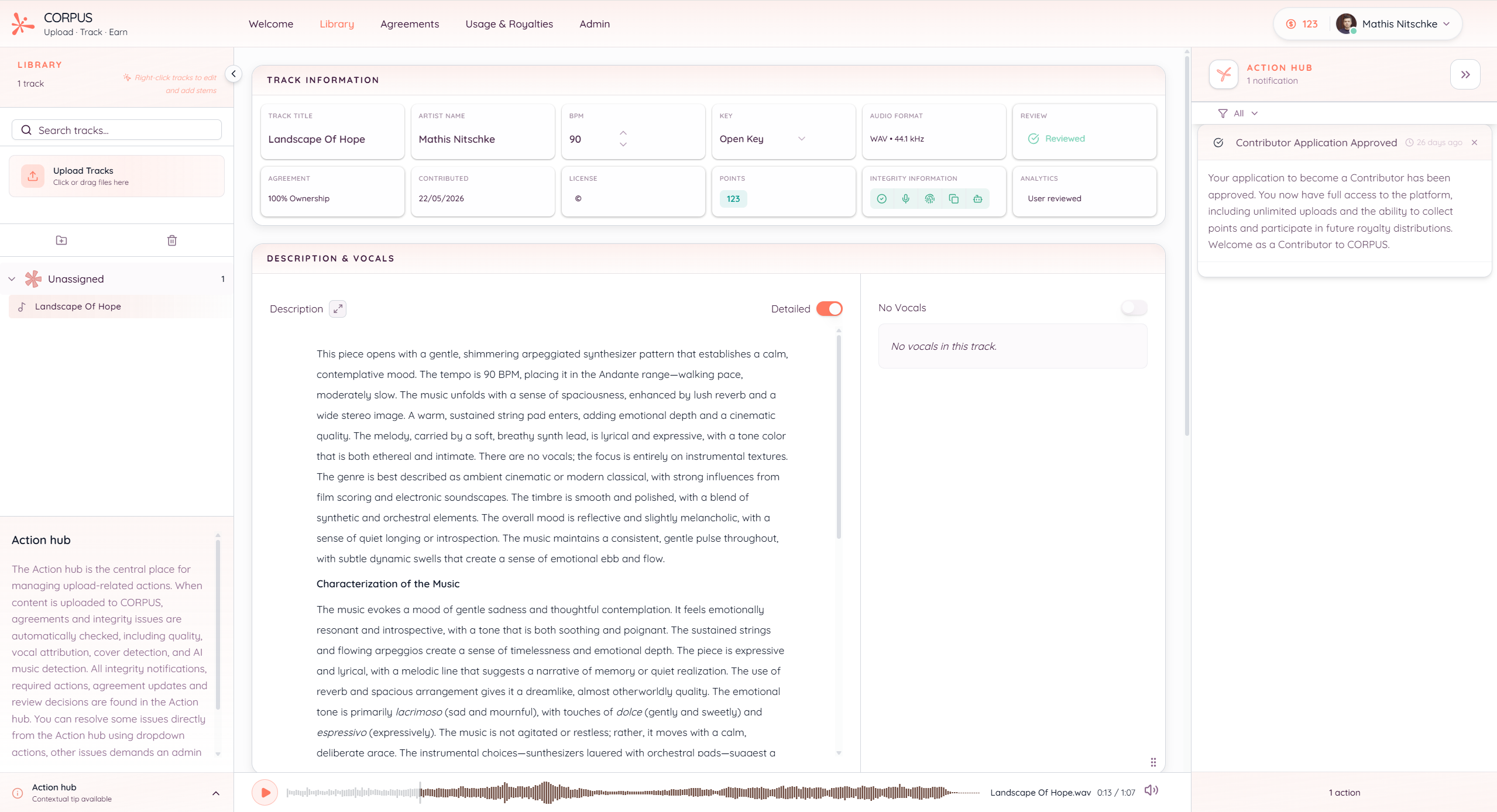 The CORPUS contributor app showing the Library on the left, a track's detail view in the center with metadata, points, and integrity flags, and the Action Hub on the right with a contributor application approval notification.