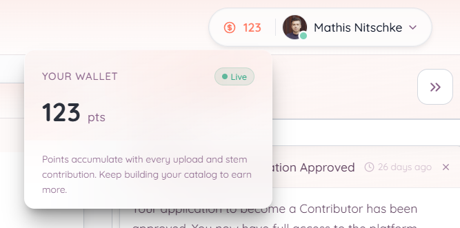 The points wallet view in the contributor app, showing the running total across all confirmed contributions.